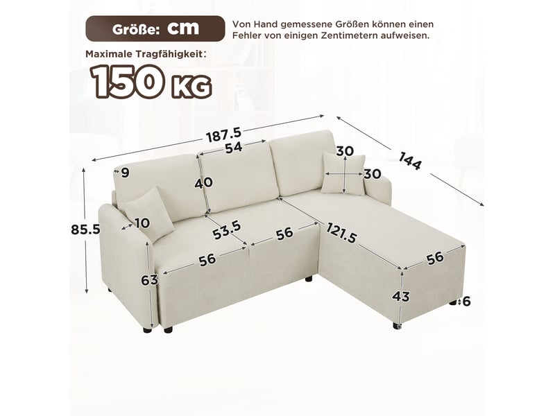 Canapé d'angle 3 places avec méridienne à droite, 2 coussins et assise en mousse, en chenille beige clair - Conforama C