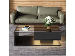 Table basse noir brillant, avec verre et éclairage led