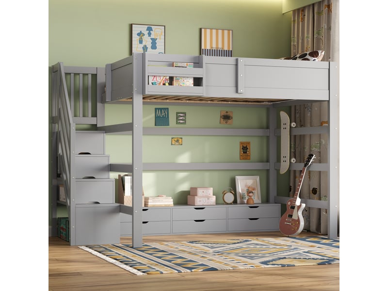  Lit mezzanine enfant avec rangement, 6 tiroirs et escalier à compartiments, gris – 140 x 200 cm IKSETERA TRADING LTD - Conforama B