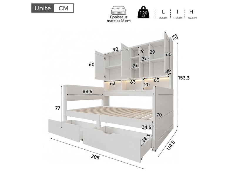  Lit enfant 90x200 avec rangement mdf blanc - tête rembourrée pu led usb  - Conforama C