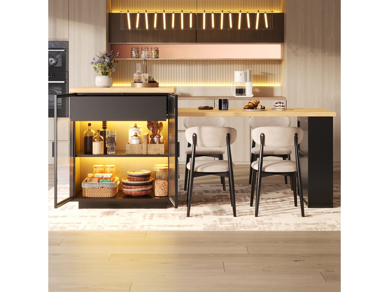  Îlot de cuisine extensible 122x70x94 cm avec rangement et led noir  - Conforama E