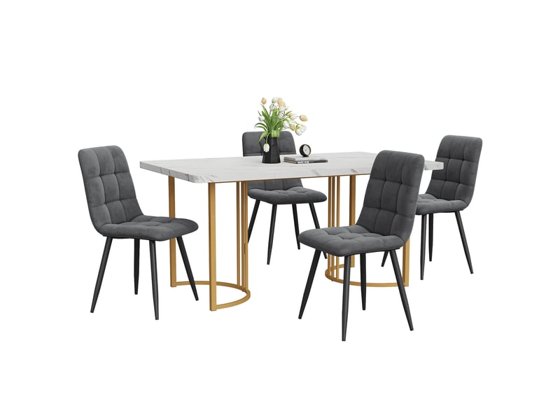  Ensemble repas 5 pièces, table motif marbre moderne, pieds métal réglables, mdf, meuble salon, 4 chaises velours, gris  - Conforama A