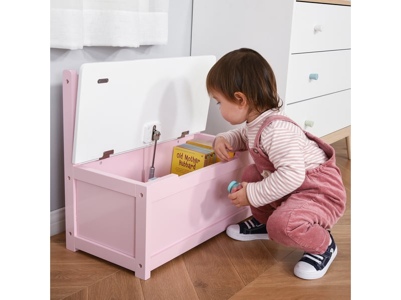  Coffre de rangement en bois pour enfants de 2 à 5 ans, avec piston pour une fermeture sécurisée, capacité de 40 kg, rose et blanc  - Conforama B