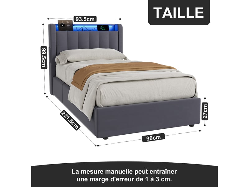  Lit pour enfant 90 × 200 cm 1 place avec prises électriques et éclairage led, lit rembourré avec coffre de rangement, grand espace de rangement, avec matelas, gris  - Conforama D