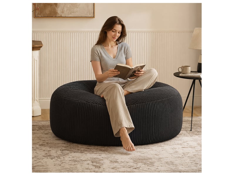  Pouf poire rond 143x143x55 cm mousse velours côtelé noir  - Conforama C