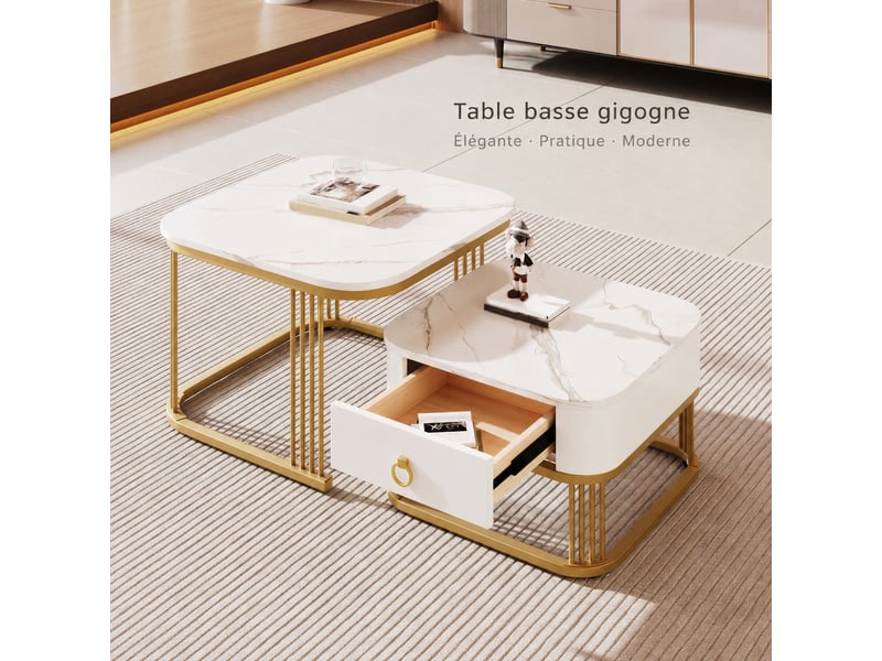  Ensemble de 2 tables basses gigognes effet marbre brillant blanc et doré avec tiroir, ø 60 et 50 cm  - Conforama B