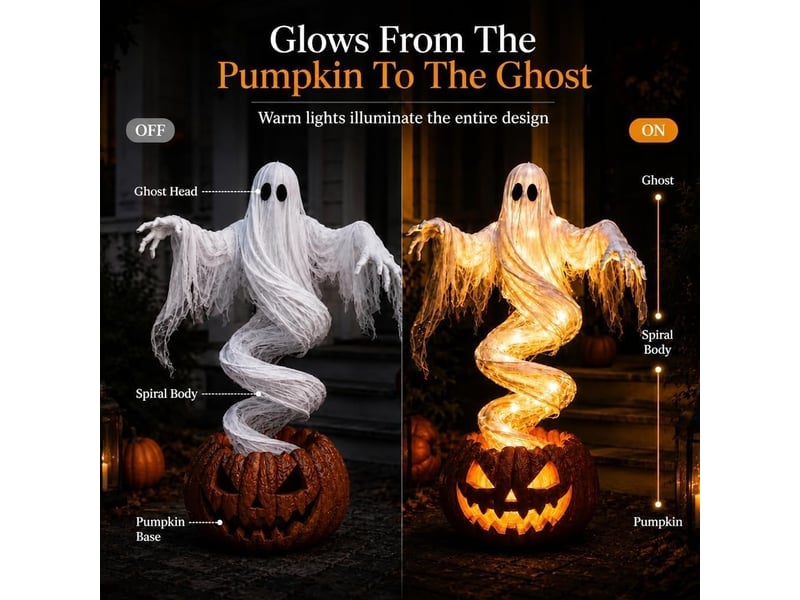 Décoration halloween fantôme citrouille lumineux tourbillonnant, led, 130 cm, pour jardin, porche et pelouse - Conforama D