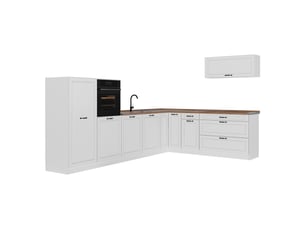 Vicco cuisine en angle, blanc campagneblanc, 327 x cm plan de travail chêne doré