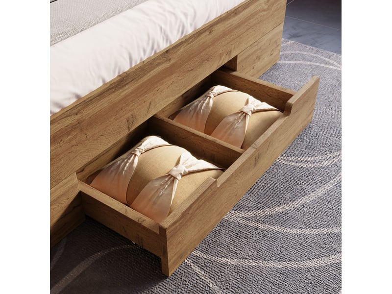  Lit adulte 160x200 cm avec led, usb-c et rangements, en bois clair, style naturel  - Conforama E