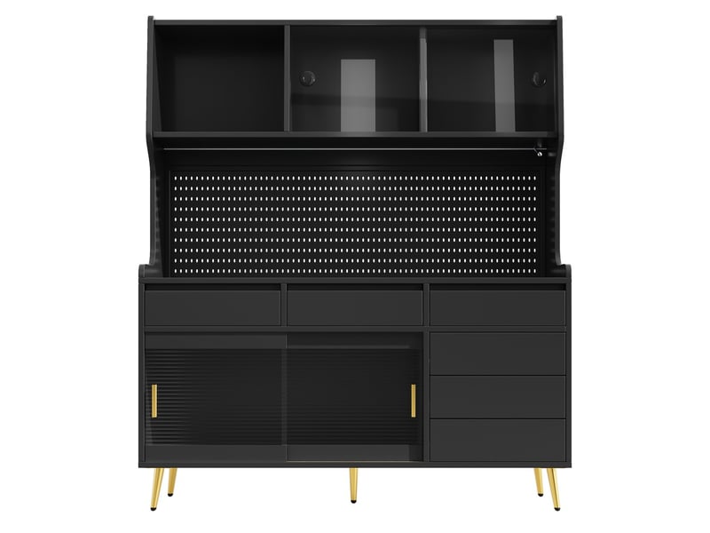 Armoire moderne avec éclairage led contrôlable par application, tiroir, étagères rangement, panneau perforé, 145x39x171 cm, noir - Conforama E