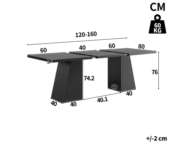  Table à manger extensible 120 à 160x80x76 cm, 4 à 6 places, noire  - Conforama E