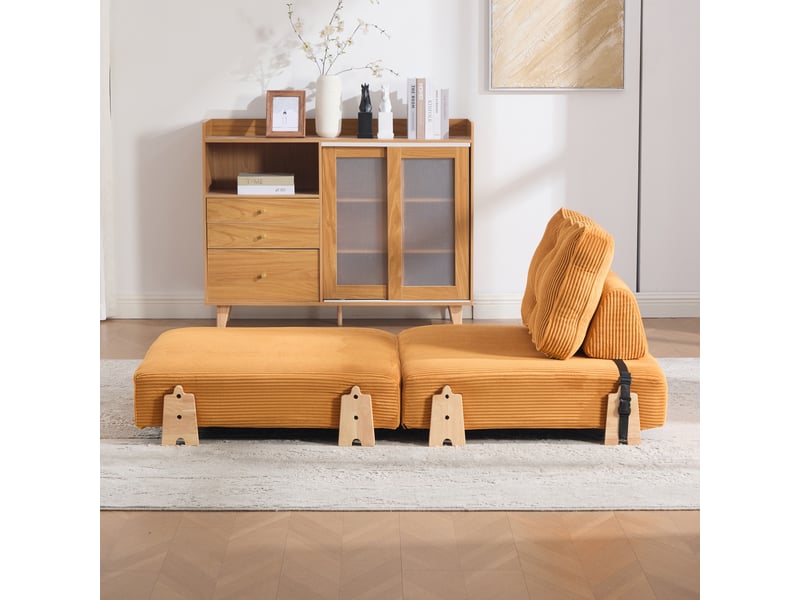  Fauteuil convertible 1 place - 90x86x84cm - chauffeuse pliable en lit d'appoint tissu velours côtelé et bois - orange  - Conforama D