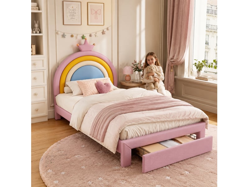  Lit enfant rembourré 90 x 200 cm en pu avec sommier, tiroir et tête de lit réglable rose chicfurn  - Conforama A