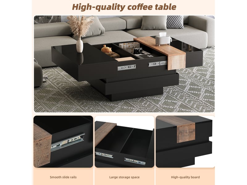  Table basse carrée avec plateau relevable et espace de rangement caché, finition brillante, pour salon, 70 × 70 × 39 cm  - Conforama E
