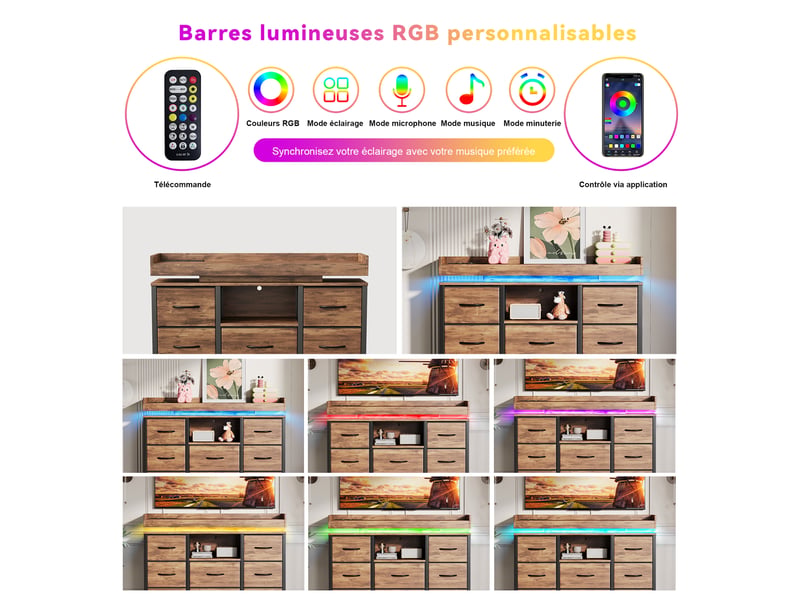  Commode avec 8 tiroirs en tissu,armoire avec led et station de recharge,cadre en métal,100x30x82cm,marron,style moderne  - Conforama R