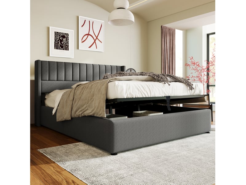  Lit coffre tcqpz 160 x 200 cm hydraulique en lin gris  - Conforama B