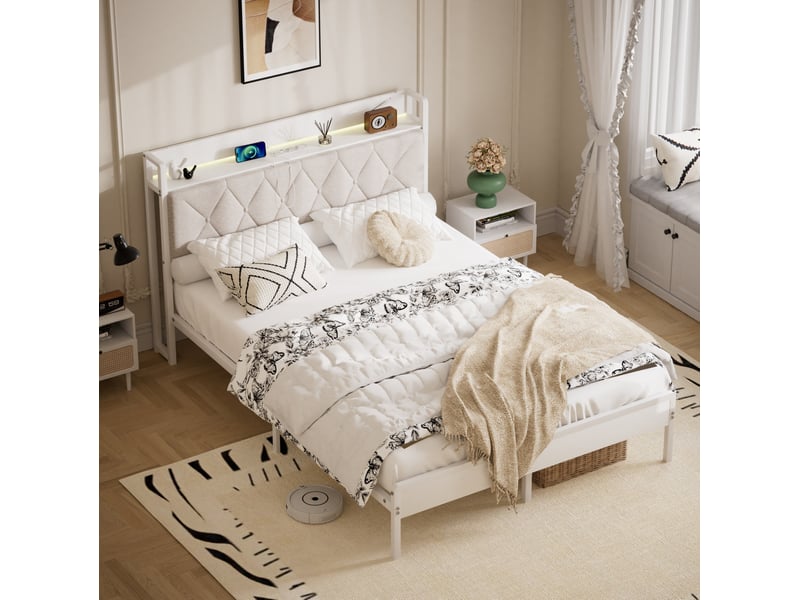  Lit rembourré 140 × 190 cm 2 places avec led, usb, rangement sous le lit, sans matelas, blanc  - Conforama B