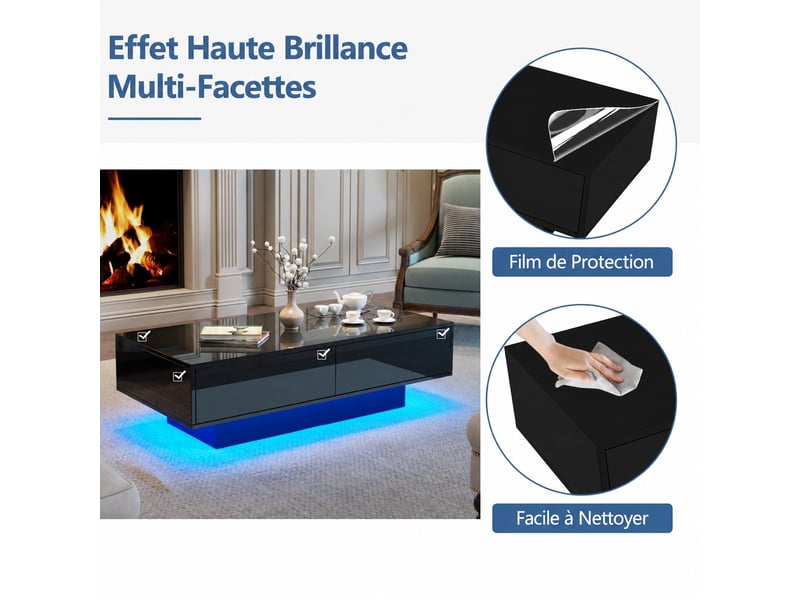  Table basse 115x55x34 cm avec led, 2 tiroirs, rangement, finition haute brillance, table de salon, noir  - Conforama E