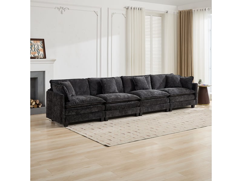 Canapé 4 places en chenille noire, canapé moderne rembourré double couche pour salon et appartement ,pouf non inclus - Conforama B