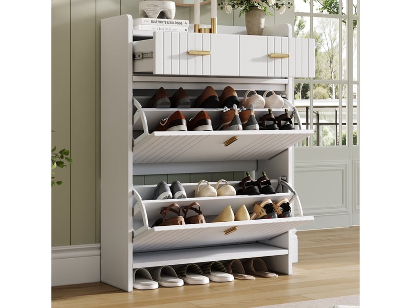  Meuble à chaussures - 75x24x108,5cm - meuble d'entrée étroit avec 2 tiroirs, 2 abattants, niche ouverte - blanc et doré  - Conforama B