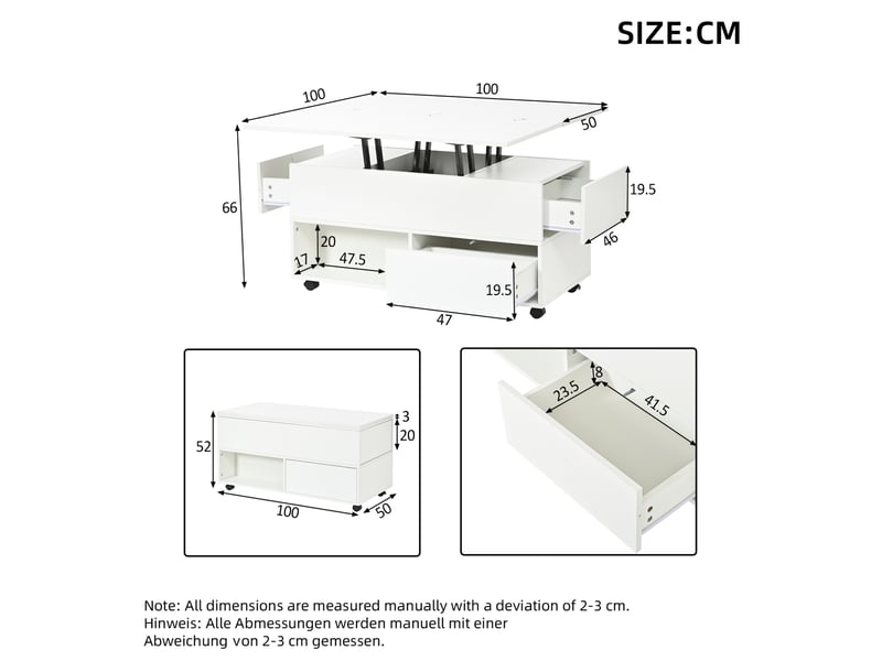  Table basse relevable blanche 100 x 50 x 52 cm avec roulettes, 4 tiroirs, rangement  - Conforama C
