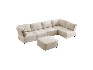 Canapé d’angle modulaire 6 places configurable - lpospi - assises à ressorts, bois, tissu beige 308 × 152 × 77 cm