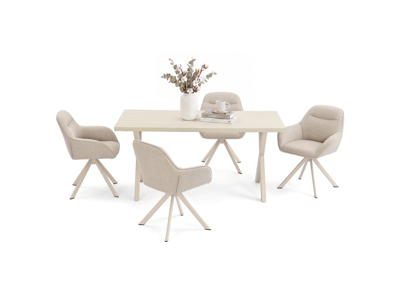  Ensemble table et 4 chaises - table rectangulaire 160x80 cm monobloc en travertin et pieds métal, 4 chaises en tissu beige et pieds en métal blanc  - Conforama A