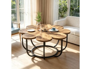 Table basse ronde,100x100x50 cm,motif floral,métal et bois,noir et marron