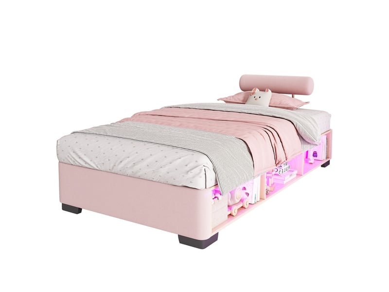  Lit rangement 90 x 200 cm lit simple rembourré rose rangement ouvert étagère latérale éclairage led tête de lit flexible montage sur 3 côtés  - Conforama A