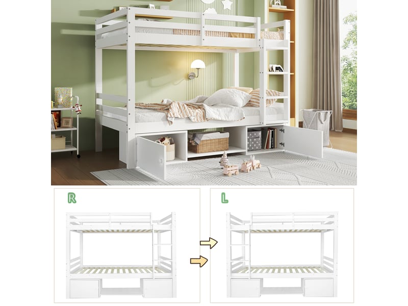  Lit superposé enfant 200×90 cm par couchage, séparable en 2 lits simples, avec rangements, sans matelas, blanc  - Conforama E