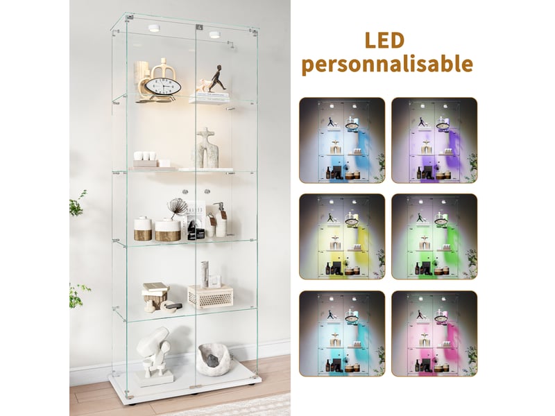  Vitrine de présentation 5 niveaux en verre blanc - armoire de vitrine verre avec éclairage à clapet et étagères pour collection  - Conforama E