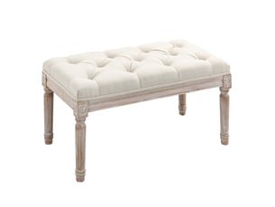 Bout de lit avec assise rembourrée et pieds en bois, vintage français, polyester aspect lin blanc, 80 × 40 × 43 cm
