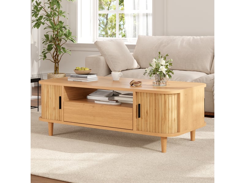  Table basse en bois, 1 tiroir et 2 portes à rideaux, rangement ouvert, pieds en bois, mdf, charge 30kg, table d’appoint, table de canapé, table à café  - Conforama E