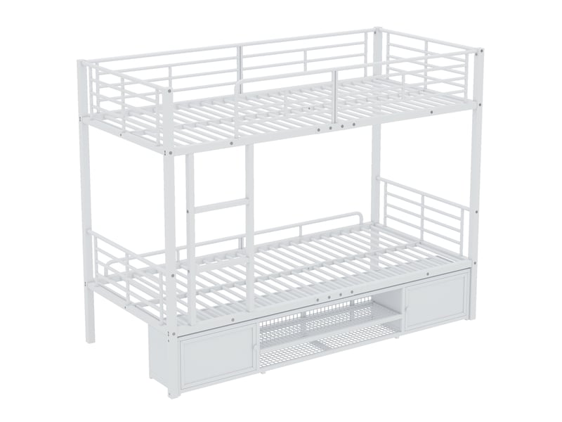  Lit superposé 90x200cm en métal blanc, avec échelle latérale et garde-corps, rangement à chaussures et placard  - Conforama A