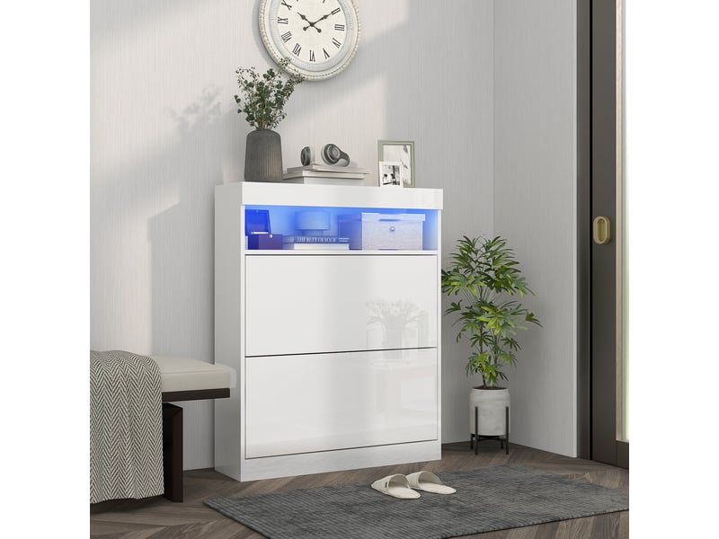 Meuble à chaussures avec éclairage led et 2 tiroirs abattants pour 12 à 16 paires de chaussures, 80 x 24 x 99,5 cm, blanc brillant - Conforama B