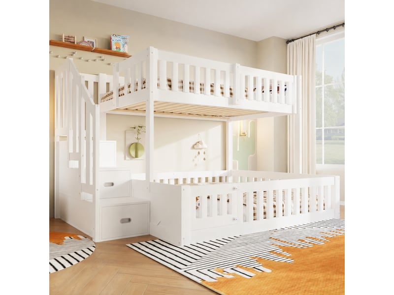  Lit superposé 90x200 et 140x200 cm, blanc, bas de 130 cm, avec échelle et rangement  - Conforama B