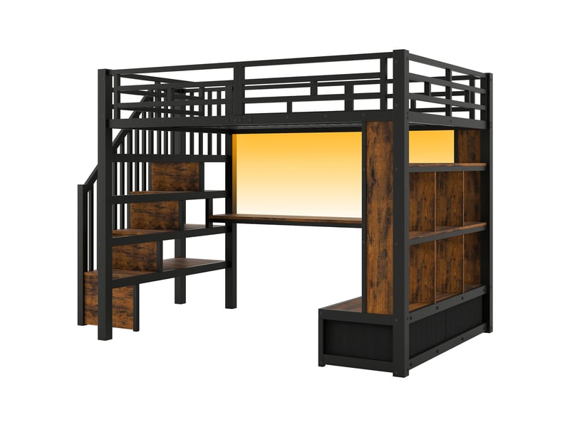  Lit mezzanine en métal 140x200 avec bureau et étagères, deux tiroirs intégrés, escalier avec espace de rangement, noir  - Conforama D