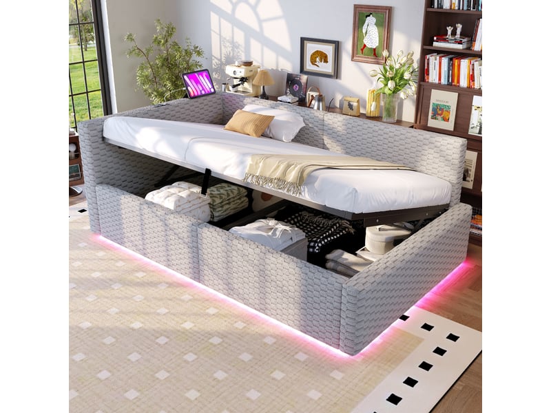  Lit banquette 90 x 200 cm gris en velours avec coffre hydraulique, dossier moelleux en l, led, ports usb type-c, rangement chambre moderne  - Conforama C