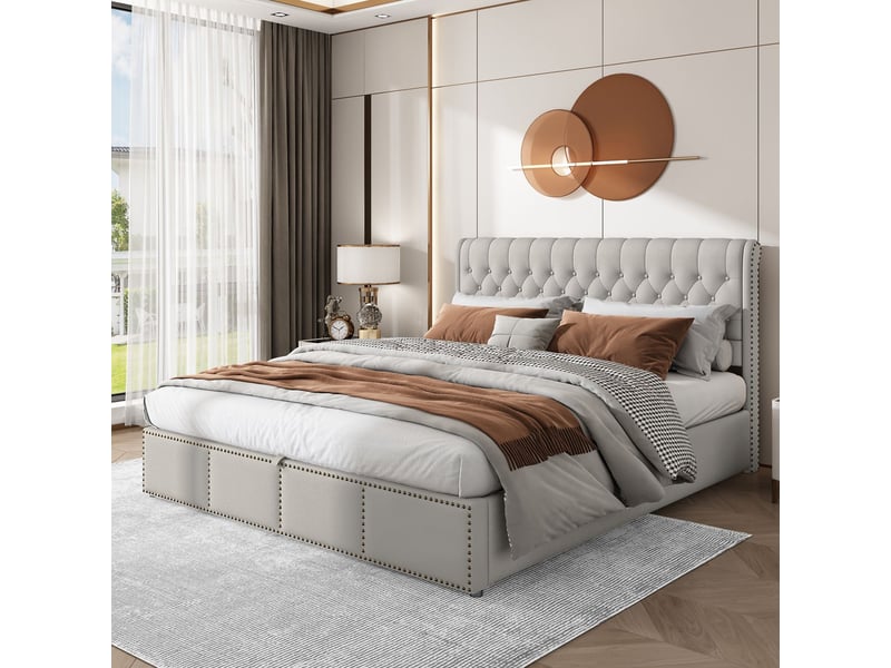 Lit coffre 180x200cm avec clous décoratifs élégants - lit rembourré - lin coton gris clair, tête de lit haute, grand rangement - Conforama B