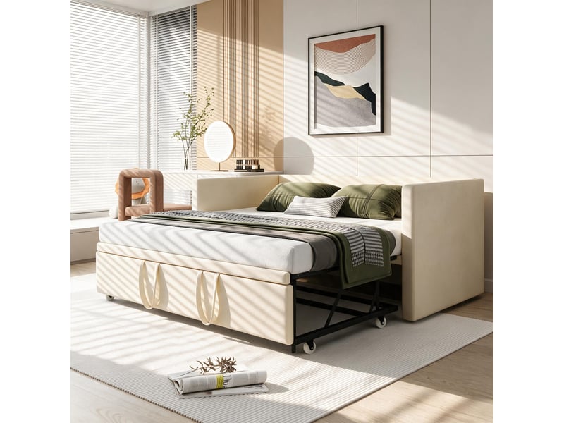 Lit gigogne 90x200 extensible 180x200 cm avec sommier à lattes, lit rembourré convertible, canapé lit convertible avec dossier, lit banquette, tissu velours sans matelas, beige  - Conforama B