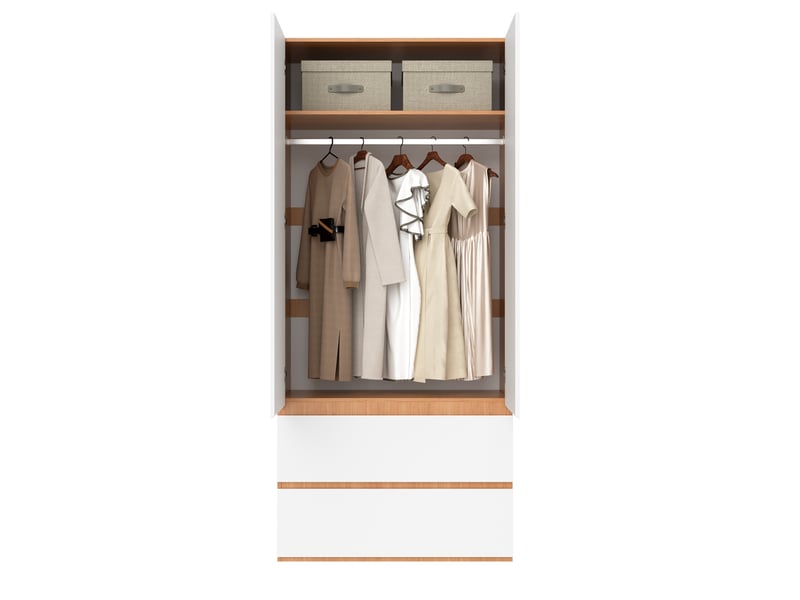  Armoire 90x50x200 cm avec 1 barre de penderie, 2 tiroirs et 2 portes, mdf et panneau de particules, blanc, chambre déco  - Conforama A