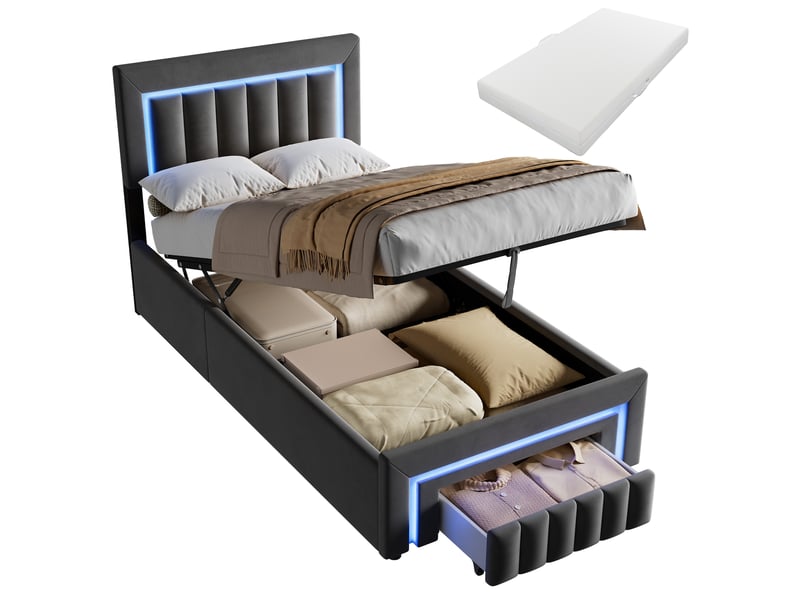  Lit rembourré 90 × 200 cm 1 place avec matelas et éclairage led, lit pour enfant avec tiroirs et roulettes, lit avec coffre de rangement, gris  - Conforama A