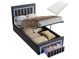 Lit rembourré 90 × 200 cm 1 place avec matelas et éclairage led, lit pour enfant avec tiroirs et roulettes, lit avec coffre de rangement, gris