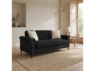 Canapé droit 2 places scandinave à ressorts ensachés - accoudoirs cloutés et pieds métal, tissu lin noir