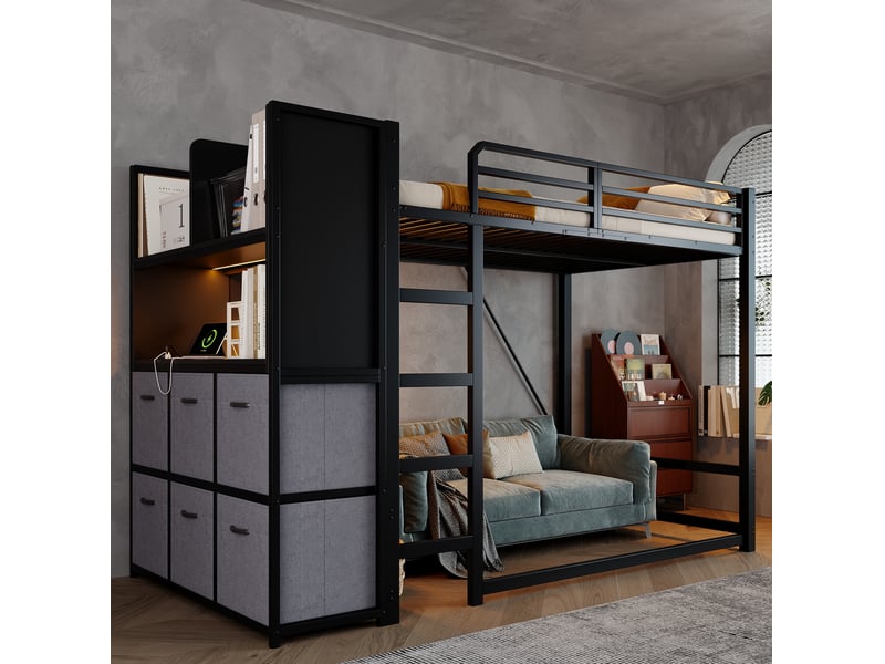  Lit mezzanine 120x200 avec rangement, éclairage et station de charge homvra  - Conforama C