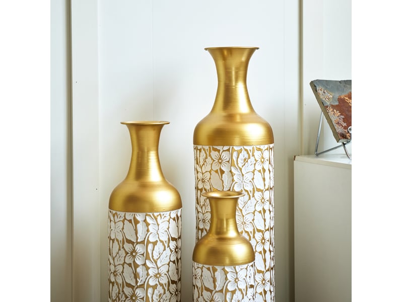  Lot de 3 vases sur pied 50x66x85 cm, décor floral, métal, doré et blanc  - Conforama C
