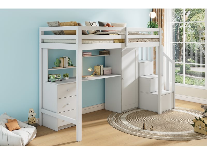  Lit superposé avec bureau et armoire 90x200 cm - bois massif blanc rangement intégré  - Conforama R