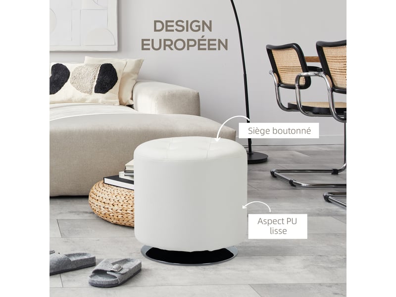  Repose pied salon pivotant à 360°, ottoman rond rembourré en pu avec base en acier, blanc,  45,5 x 44,5 cm  - Conforama E