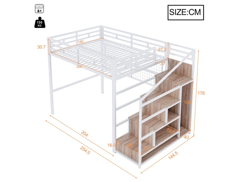 Lit mezzanine enfant 140x200 cm, led, rangement, grille suspendue, sommier, métal blanc, sans matelas - Conforama C