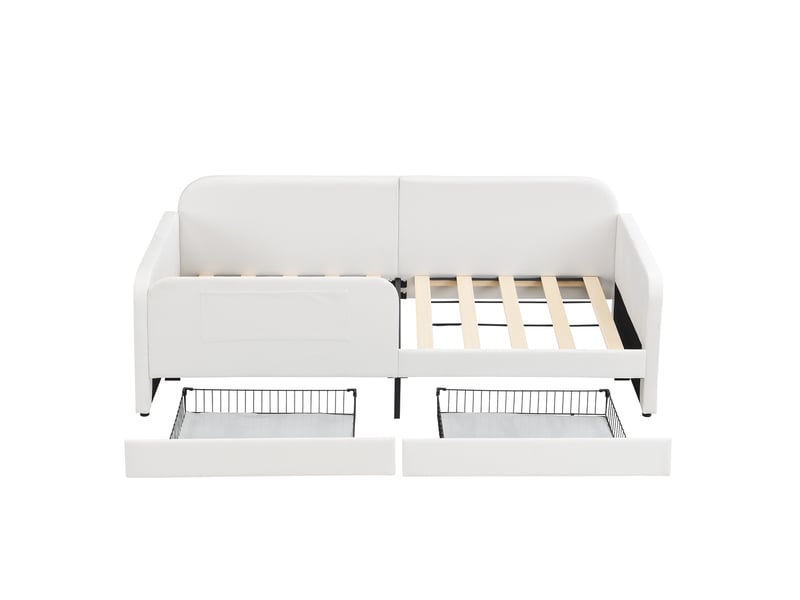  Lit raccordable enfant 90x200 cm, 2 tiroirs, 3 poches latérales, sommier métal à lattes, velours blanc, sans matelas  - Conforama A